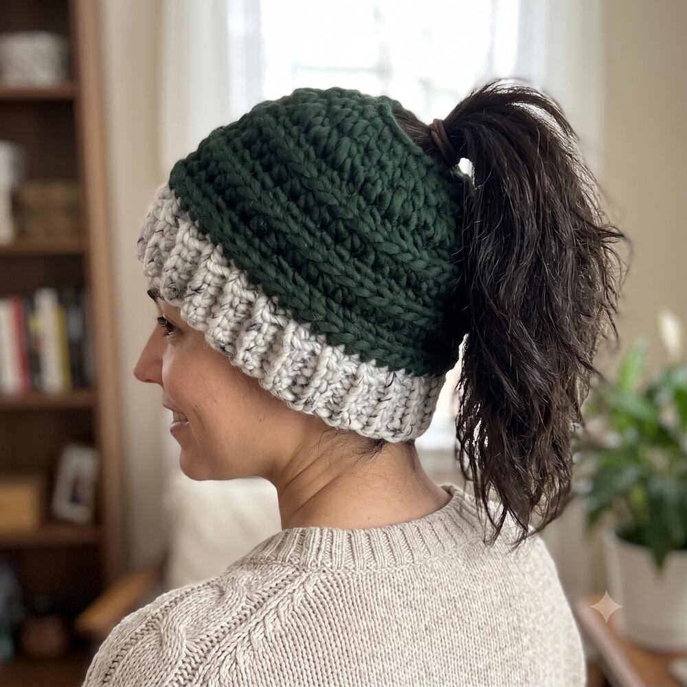 Dark Green Light Gray Handmade Crochet Ponytail Hat Messy Bun Beanie